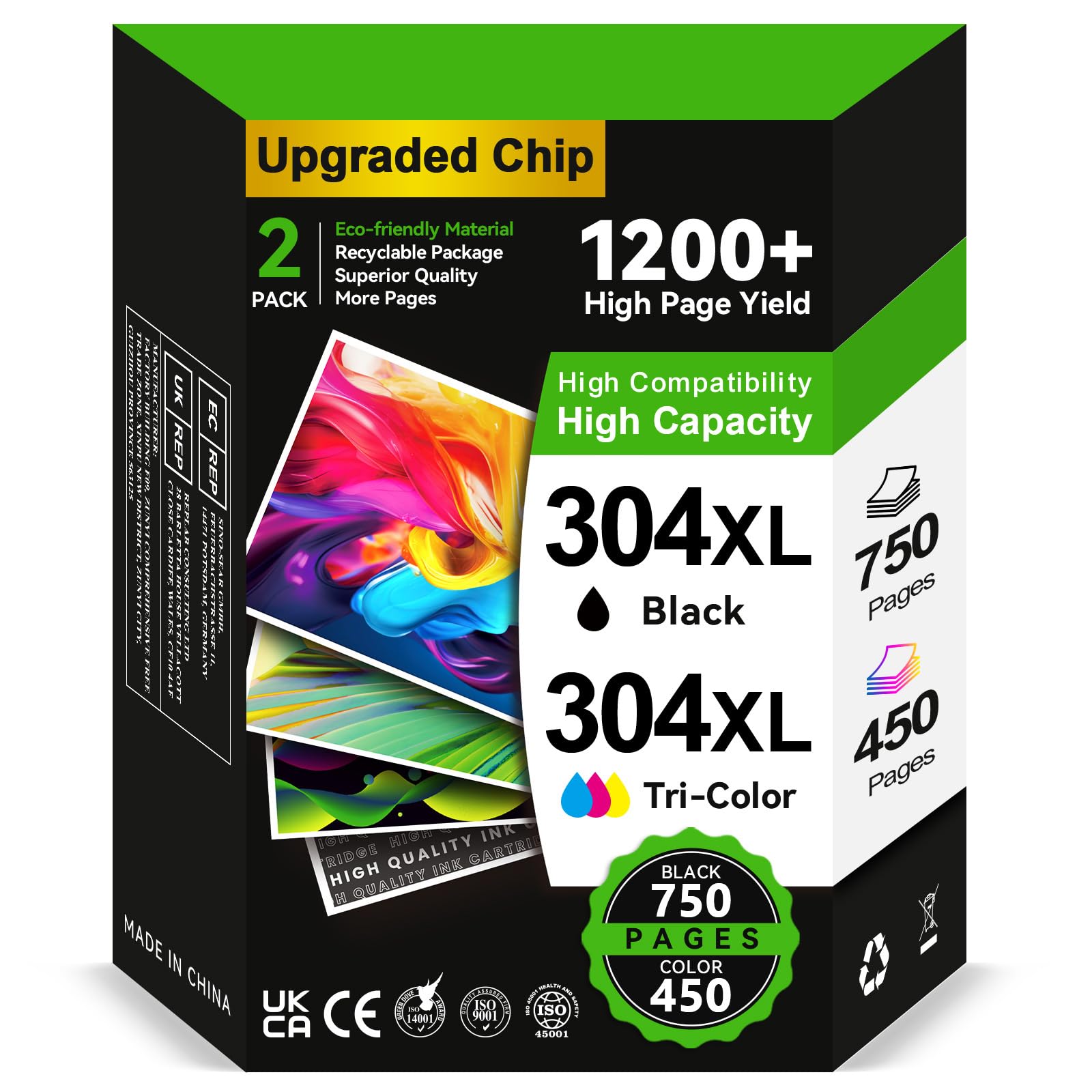 304 XL Ink Cartridges BK/CMY- 750/450+ Pages, Replacement for HP 304 Ink Cartrid