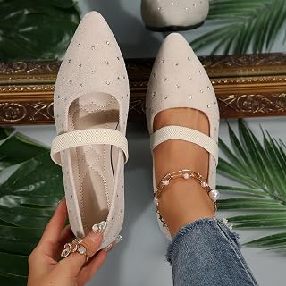 Mary Jane Women's Pointed Toe Rhinestone Casual Ballet Flats with Ankle Strap Comfortable Suede Dress Shoes for Women Work Office