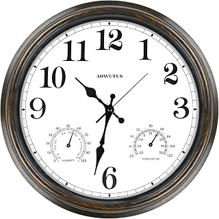 16 in Outdoor Clock - Large Outdoor Clock and Thermometer Hygrometer, Indoor Outdoor Clock Waterproof for Patio, Pool, Garden, Living Room Brown