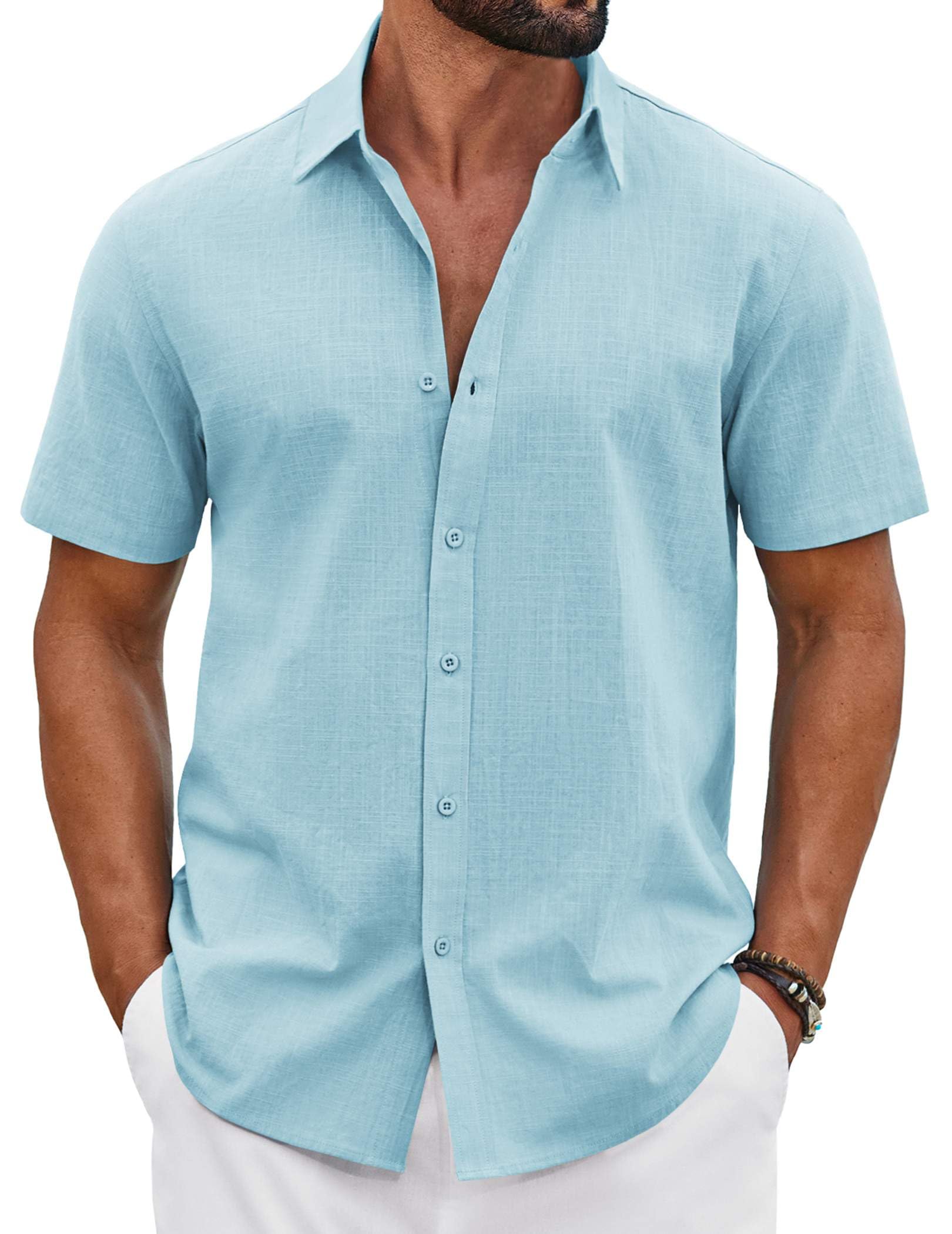 COOFANDY Mens Button Down Shirts Short Sleeve Casual Shirt Cotton Summer Beach L