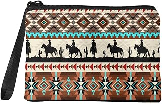 Women's Wristlet Mini Wallet Soft Folding Coin Purse Strap Mini Wallet Daily Essentials, Western Cowboy Horse Geometric