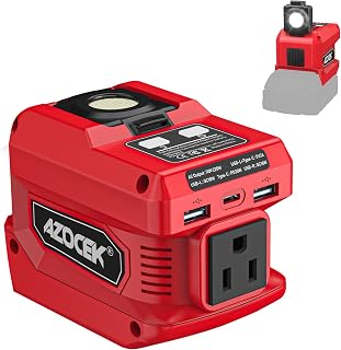 220W Azocek Power Inverter Compatible with Milwaukee 18V Battery | Battery not included, DC 18V to AC 110V Portable Power Station, 2 USB Ports & 1 Type-C Fast Charging, 400LM LED Work Light