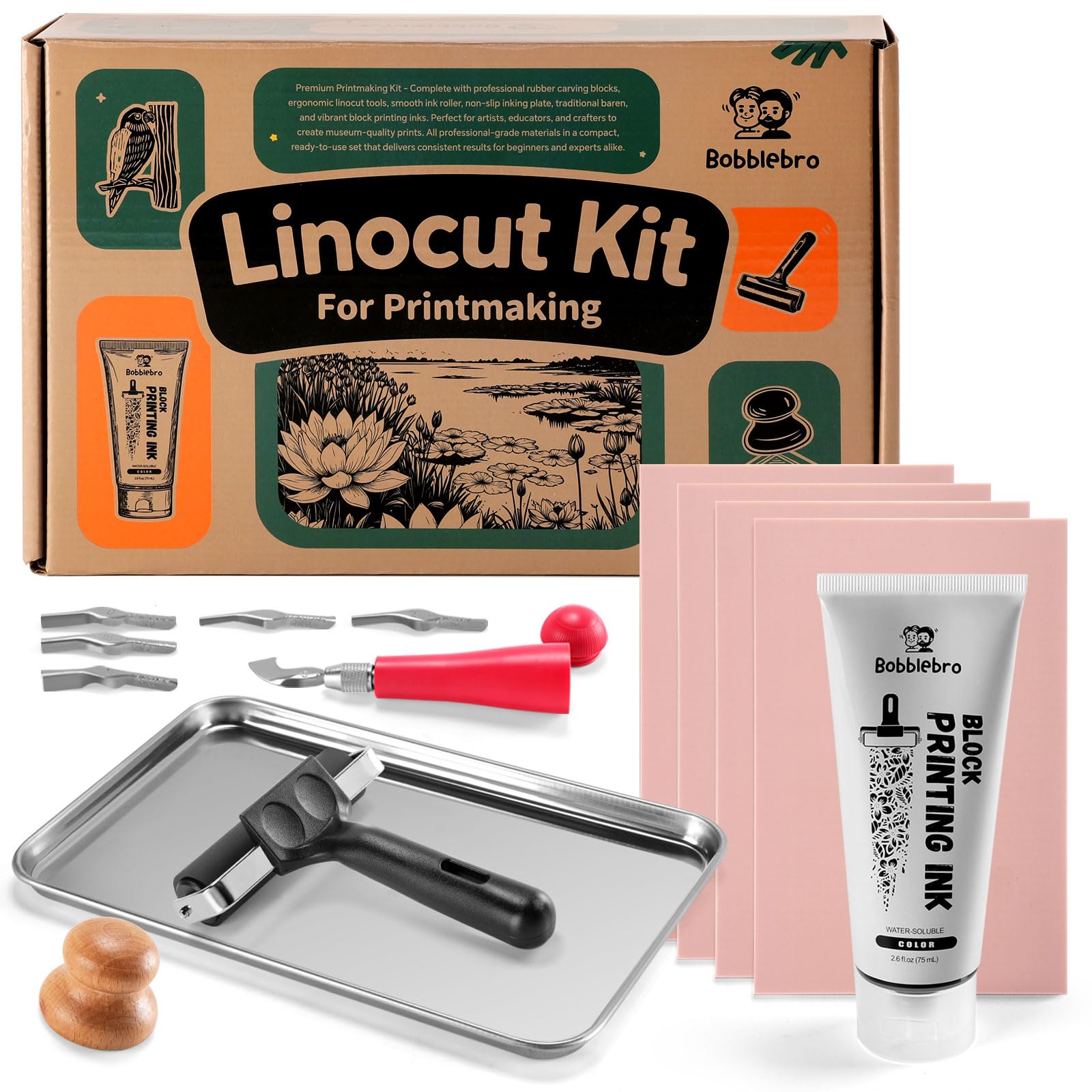 Bobblebro Linocut Kit for Printmaking, Stamp Making Kit with Carving Tools | Lin