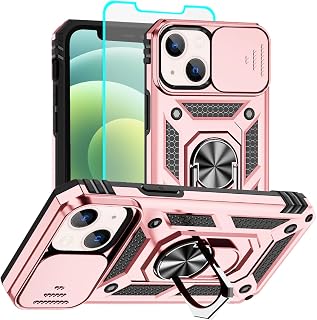 for iPhone 12 Mini Case with Screen Protector：Dual Layer Military Grade Drop Protection Magnetic Ring Kickstand - Camera Lens Protective Phone Case for iPhone 12 Mini rose gold