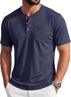 MAGCOMSEN Henley-Hemd für Herren, kurzärmelig, Baumwolle, 3 Knöpfe, Rundhalsausschnitt, T-Shirt mit Tasche, lässig, einfarbig, für den Sommer und den Alltag