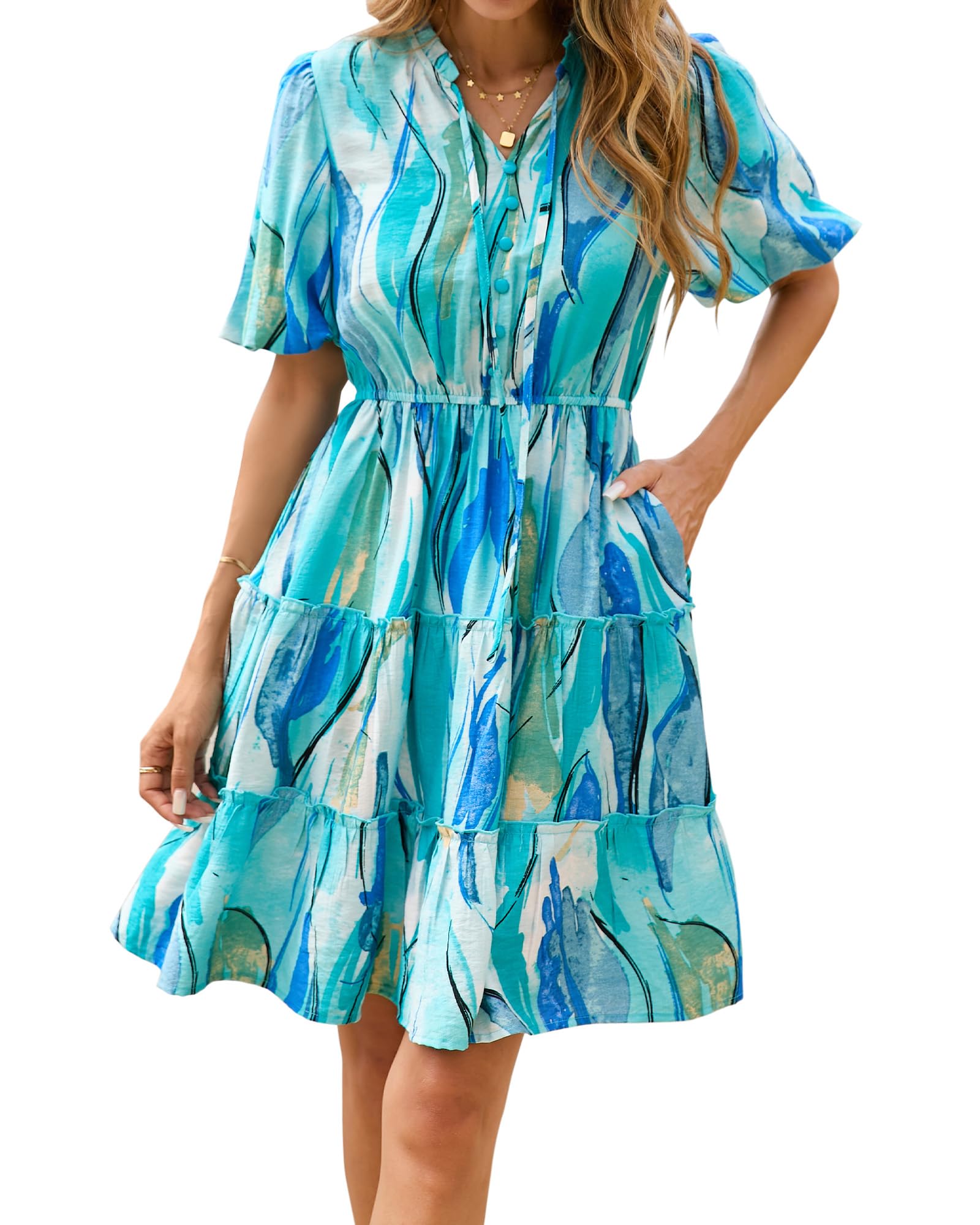 BTFBM Women Summer Floral Short Dresses V Neck Short Sleeve Tiered Ruffle Boho S