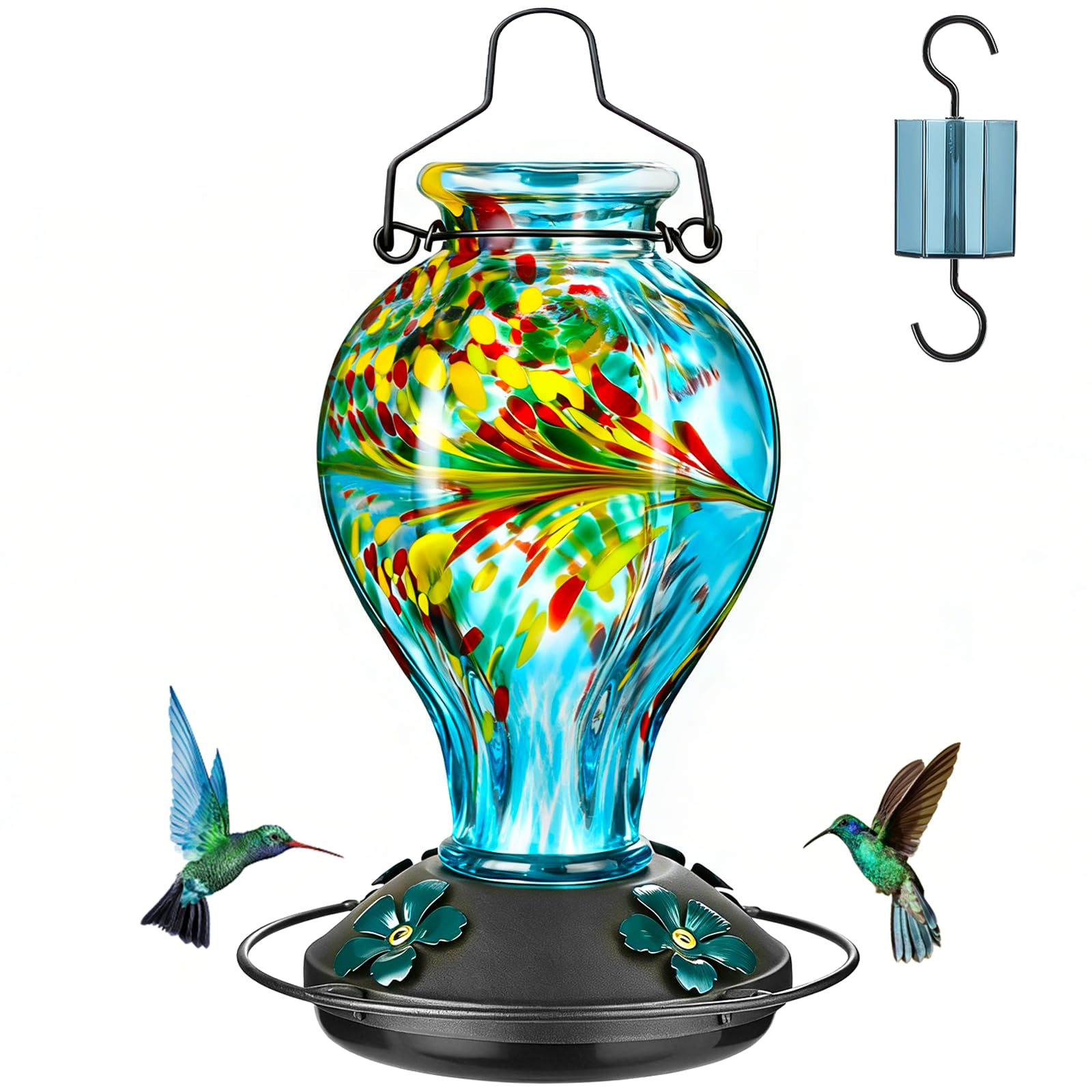 Tegarbed Hand Blown Glass Hummingbird Feeders for Outdoors Hanging, 24oz Wild Bi