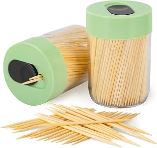 Sturdy Toothpick Holder with 800 Natural Toothpicks Wooden 2Pack Green | Upgraded Resistant Bend & Break Durable Tooth Picks for Teeth Cleaning DIY Crafts Appetizer Olive Barbecue Fruit Food