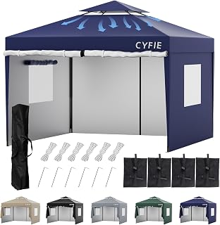 CYFIE Tarp Tent, 9.8 x 9.8 ft (3 x 3 m), Includes 4 Side Sheets, One-Touch Tarp Tent, Height Adjustment, UV Protection, Water Resistant, 59.1 inches (1,500 mm), Ventilation, 9.8 ft (3 m), One-touch