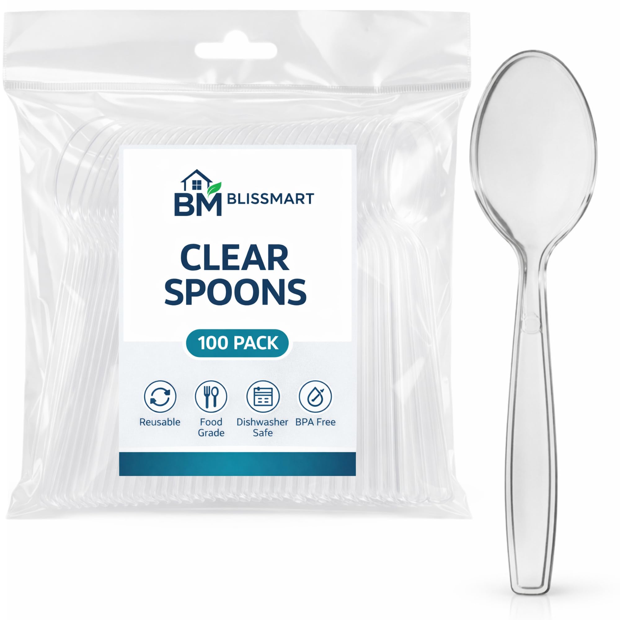 BLISSMART Clear Spoons 100 Pack, Heavy Duty Reusable Spoons, BPA-Free Food Grade