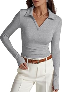 Prettywear Women's Long Sleeve Polo Shirt Business Casual Business Tops Slim Blouse with V-Neck Shirt 2025 Autumn Dresses