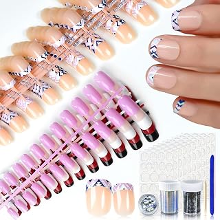 10 Pack Push Nails, Mixed Color Shiny Fuchsia Fake Nails, Salon Pre Design Nude Ceramic Pattern French Nail Art Tips, Daily Nails Gifts for Women Girls with Adhesive Tab