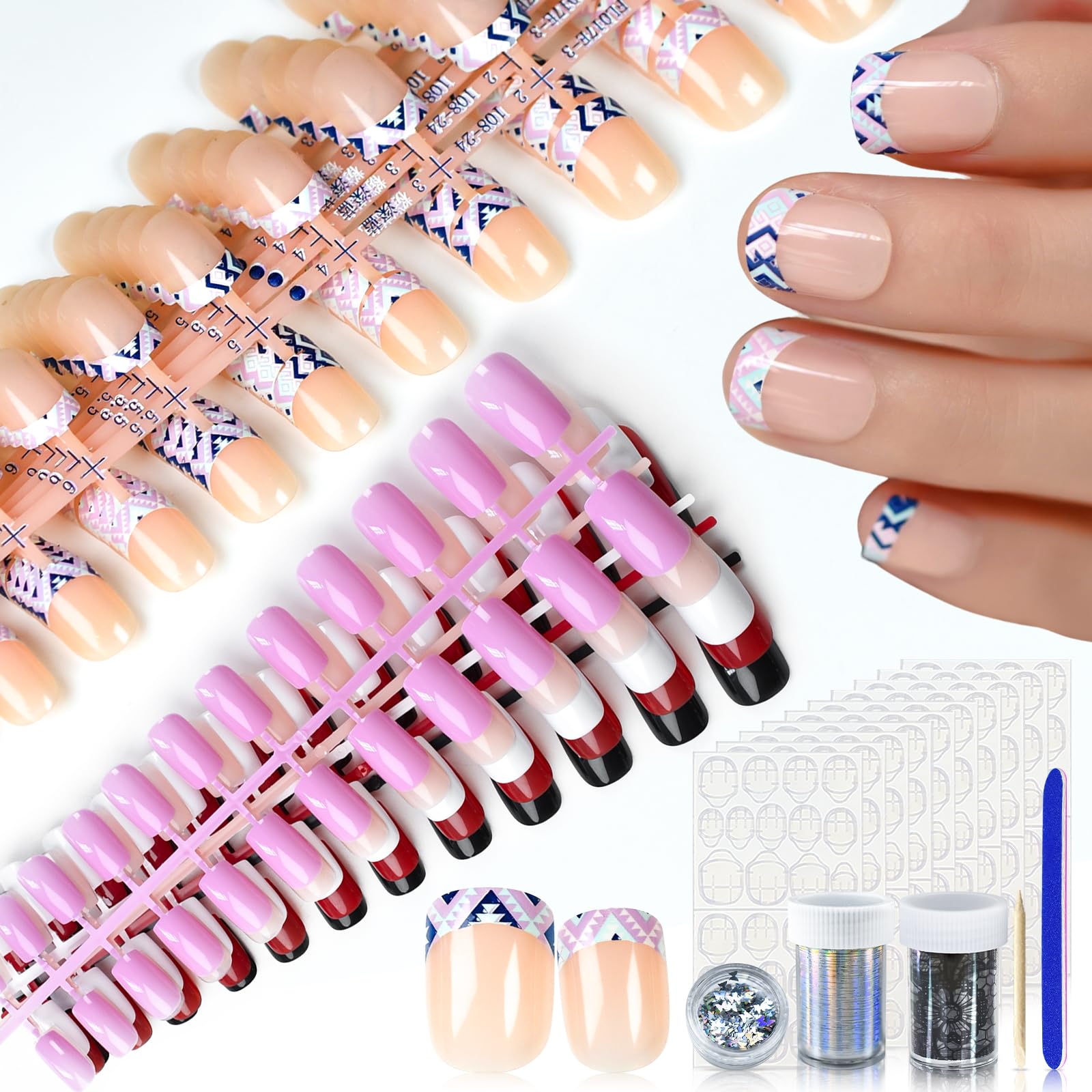 10 Pack Push Nails, Mixed Color Shiny Fuchsia Fake Nails, Salon Pre Design Nude 