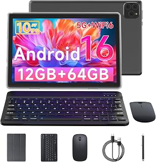 Tablet Android 16 10 Inch 12GB RAM+64GB ROM/ 1TB Expandable, 1280 * 800 HD Touch Screen, 5G WiFi6 BT 5.0, 2 in 1 Tab with Keyboard Case Mouse Stylus (Black)