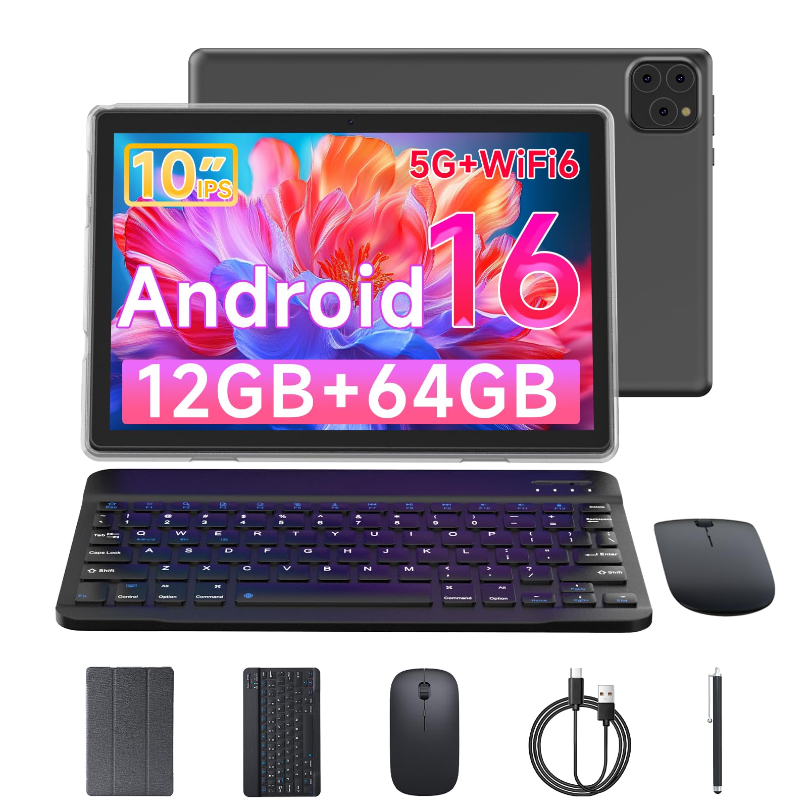 Tablet Android 16 10 Inch 12GB RAM+64GB ROM/ 1TB Expandable, 1280 * 800 HD Touch