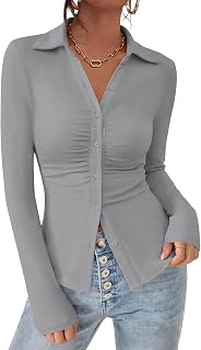 PRETTYGARDEN Womens Button Down Shirts V Neck Collared Ruched Slim Fit Long Sleeve Shirt Casual Fall Fashion Ladies Tops