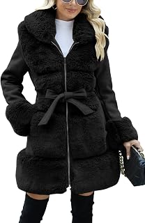Bellivera Faux Fur Jacket Women Furry Trim Thicken Belted Parka