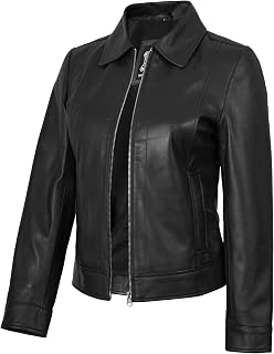 fjackets Veste en cuir pour femme – Véritable peau d'agneau décontractée pour femme Veste en cuir col de chemise Style toutes saisons