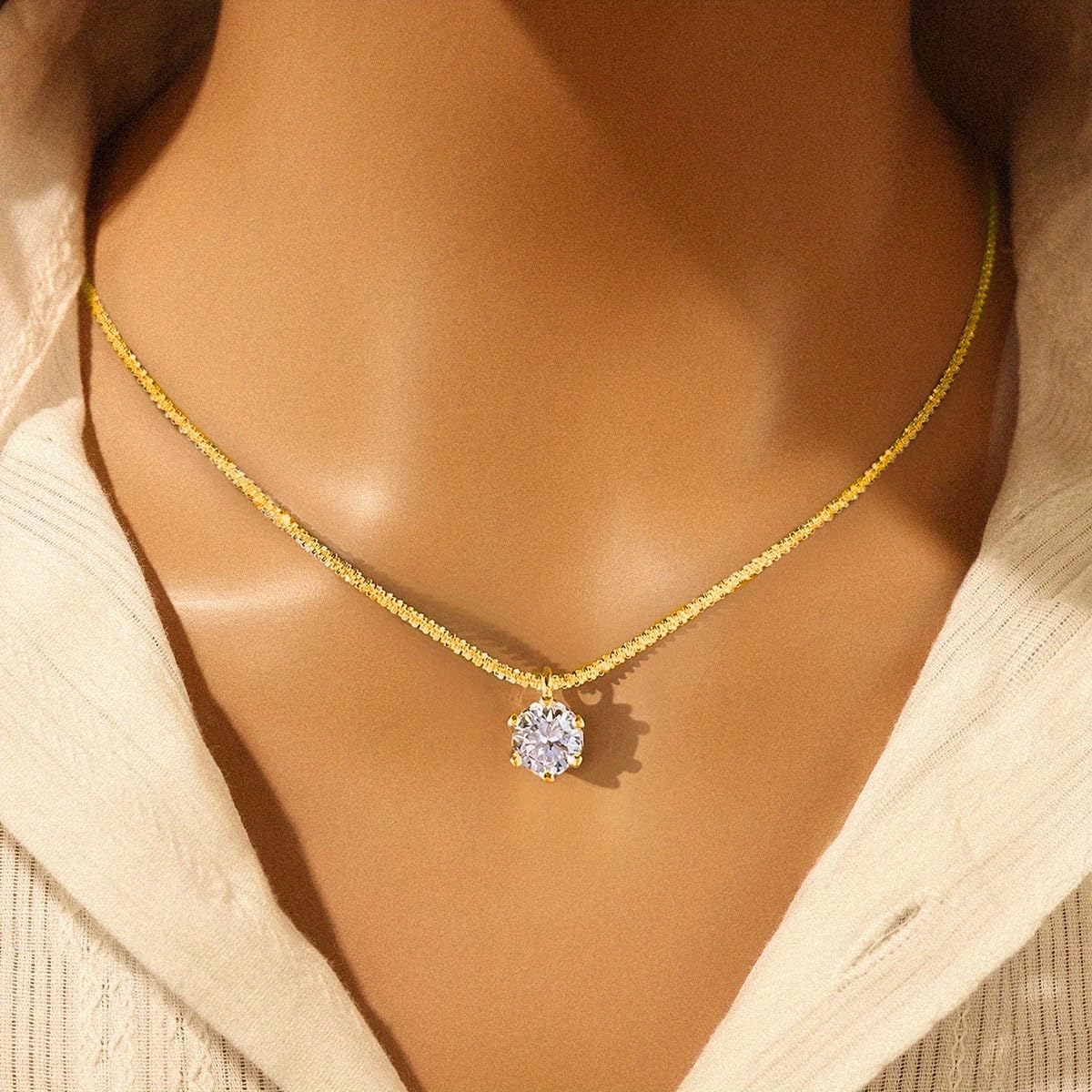 Synthetic Moissanite 1ct 6 Prong Necklace Party Prom Fine Jewelry Gift for Girlf