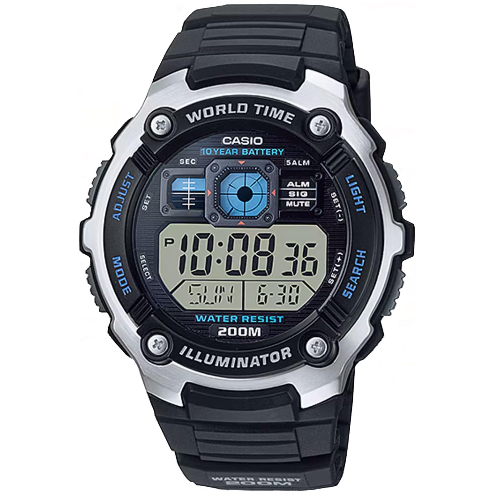 Casio Men's Silver-Tone Multi-Functional Digital Sport Watch Black AE2000W-1AV