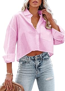 Tankaneo Camicia corta da donna con bottoni, maniche lunghe, casual, con colletto solido, tasca sul petto, Rosa, M