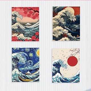 4 Pieces Ocean Waves Japanese Wall Poster Room Decor Cherry Blossom Sunset Wall Art Prints Aesthetic Decor for Living Room Bedroom Home Without