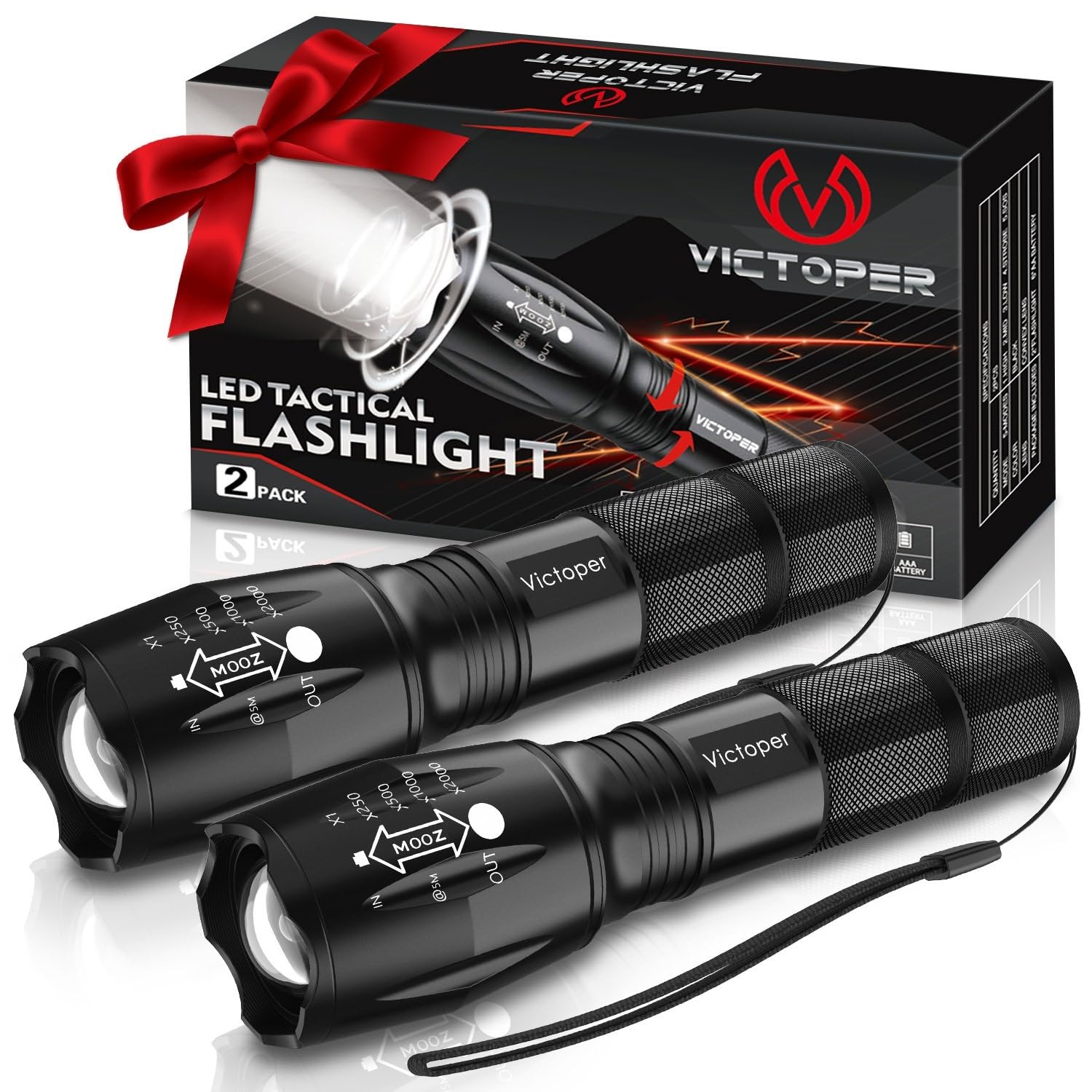 Victoper LED Flashlight 2 Pack, Bright Tactical Torch High Lumens 5 Modes, Water