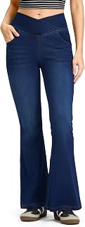 Rammus Women Flared Jeans Crossover High Waist Bell Bottom Fashion Yoga Pants Stretch Flared Leggings with Pockets