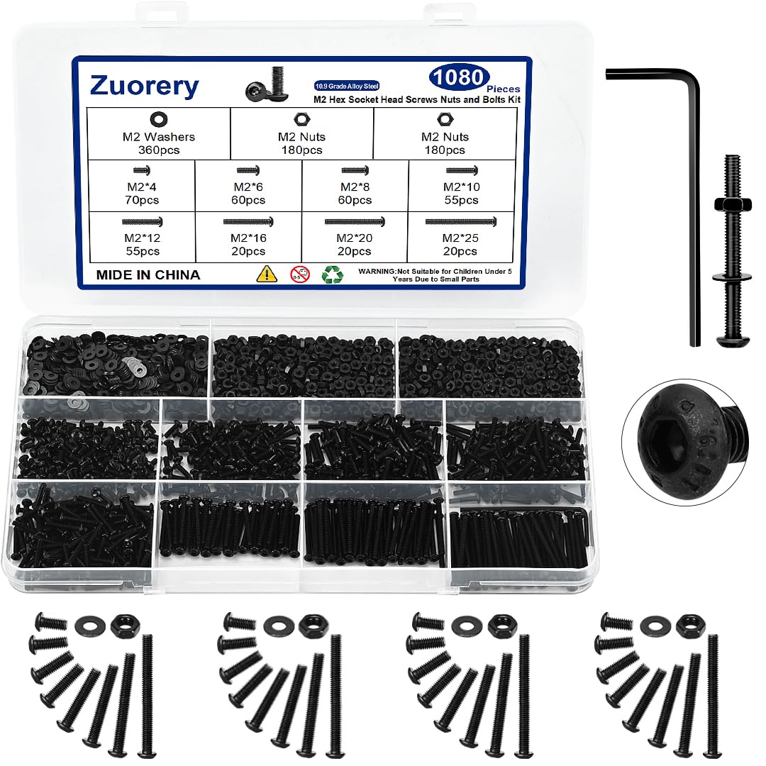 1080PCS M2 Screw Assortment Kit, M2x4/6/8/10/12/16/20/25mm M2 Screw Kits | 10.9 