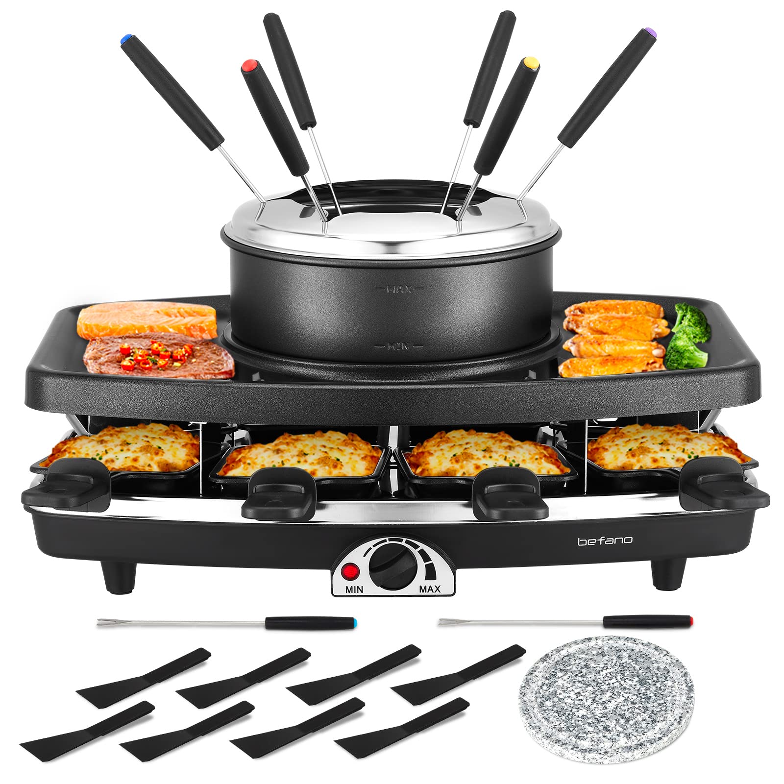 Electric Raclette Grill With Fondue Pot, 1100W Table Grill for 8 Peopl | 3-In-1 
