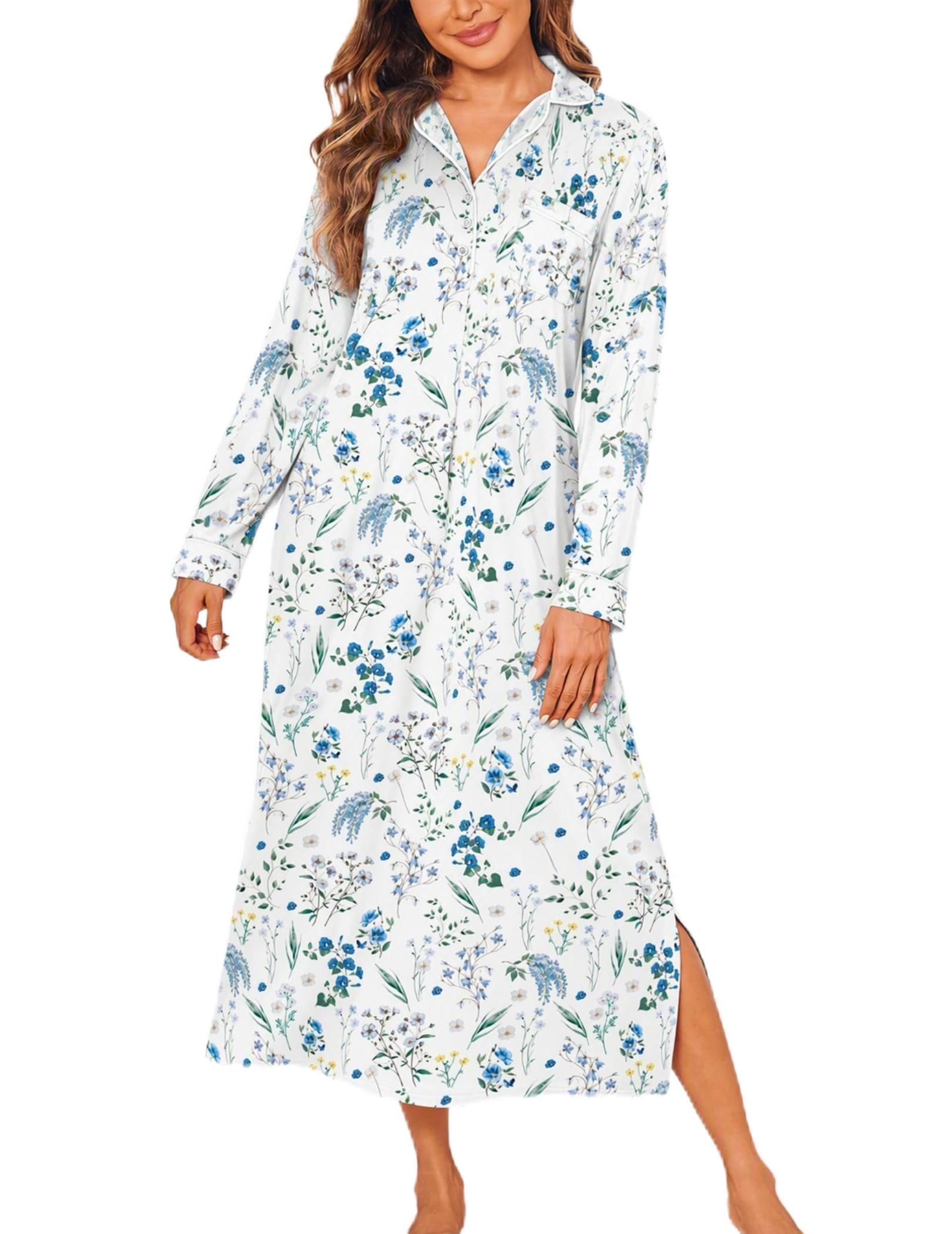 Ekouaer Long Sleeves Nightgowns for Women Button Down Night Gown