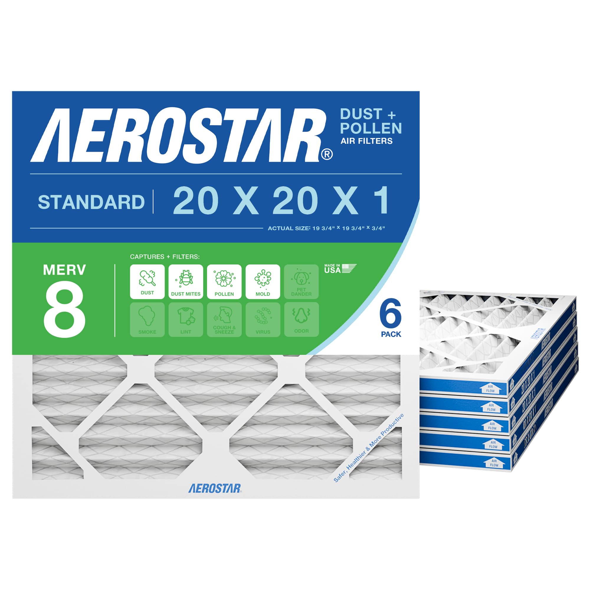 Aerostar Air Filter 20x20x1 MERV 8 AC Filter, HVAC, Furnace Filter, 6 Pack | ACT