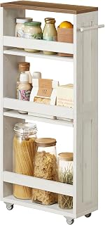 VASAGLE 4-Tier Slide-Out Storage Cart, Slim Kitchen Cart for Small Spaces, with Wheels, Handle, Bathroom, Laundry Room, 5.9 x 17 x 34.1 Inches, Rustic White and Honey Brown ULRC050K01