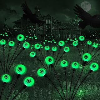 BeHiller Halloween Decorations Outdoor Solar Scary Eyeball Lights,2PACKS 12LED Green Eyeball Swaying Firefly Lights,Waterproof Solar Halloween Path Lights for Yard/Garden/Lawn/Party Decor