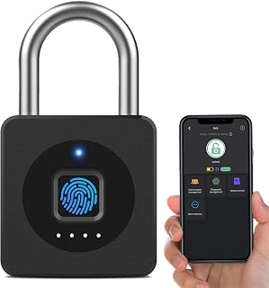 eLinkSmart Fingerprint Gym Locker Lock, Keyless Biometric Padlock, Weatherproof Digital Bluetooth App Smart Combination Pad Lock for Outdoor Fence Gate School Storage Unit Pool Shed - Black
