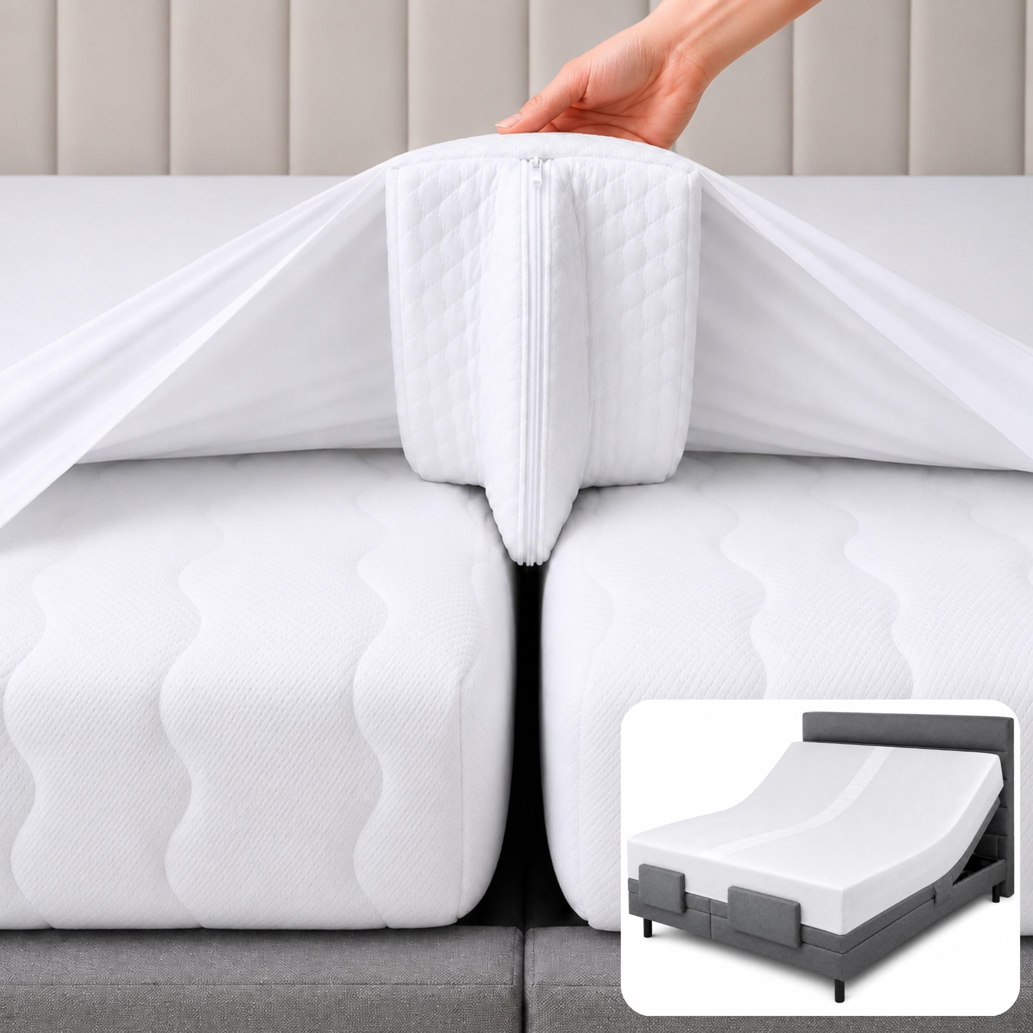 EPHEDORA 3-in-1 Split King Gap Filler for Adjustable Bed, White, 79"x79" | Machi