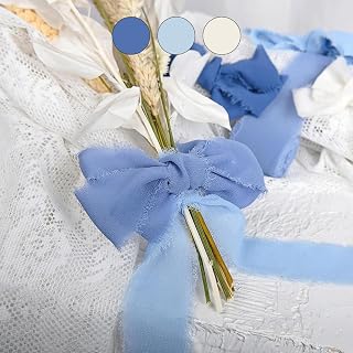 Handmade Chiffon Silk Ribbon with Fringe 1.5 Inch x 5.5 Yards 3 Rolls Total 16.5 Yards Ivory Blue for Gift Wrapping Wedding Invitations Crafts Decorations