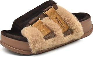 KuaiLu Womens Fluffy Sliders Ladies Cross Band Faux fur Slippers with Yoga Mat Furry Open Toe Sandals Indoor Outdoor