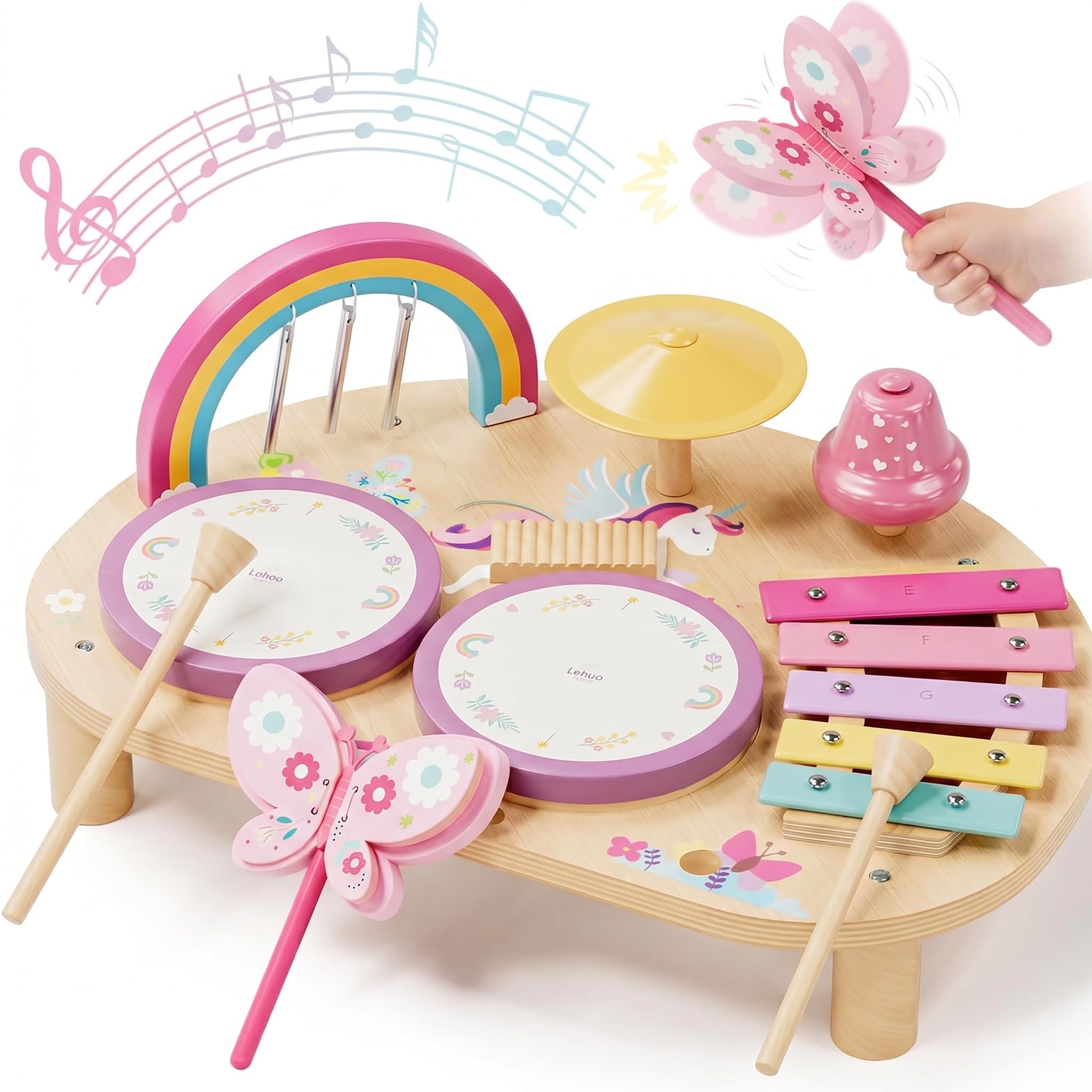 Lehoo Castle Toddler Drum Set Wooden, Unicorn Montessori Toys for Girls | Baby D