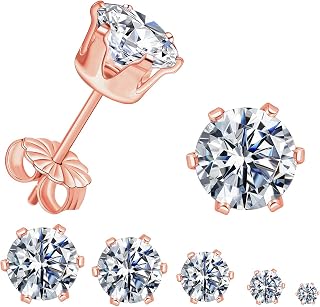 Gemsme 5 Pairs Princess Cut Cubic Zirconia Stud Earrings for Women/Men - 18K Gold Plated Hypoallergenic 3-7mm Square Clear CZ Earring Set