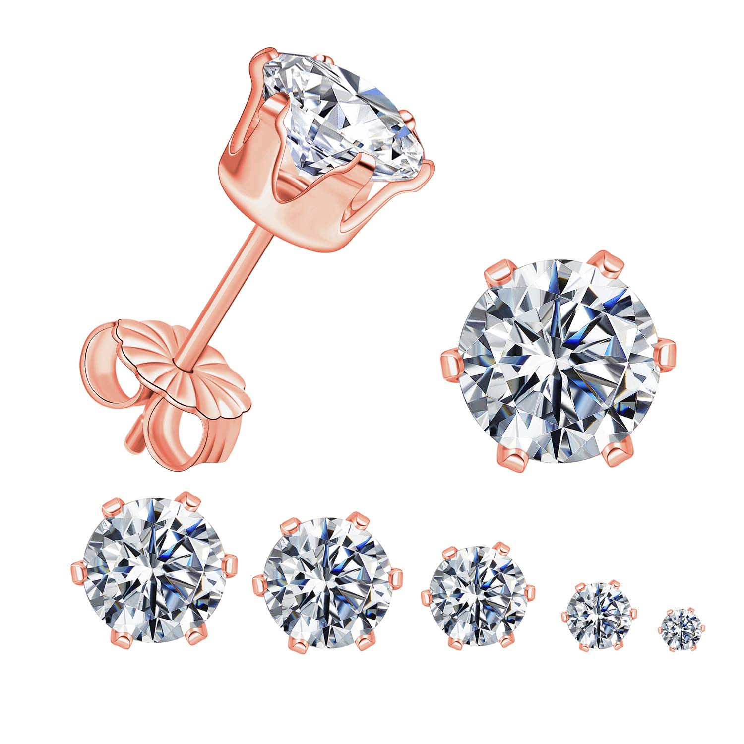 Gemsme 5 Pairs Princess Cut Cubic Zirconia Stud Earrings for Women/Men - 18K Gol
