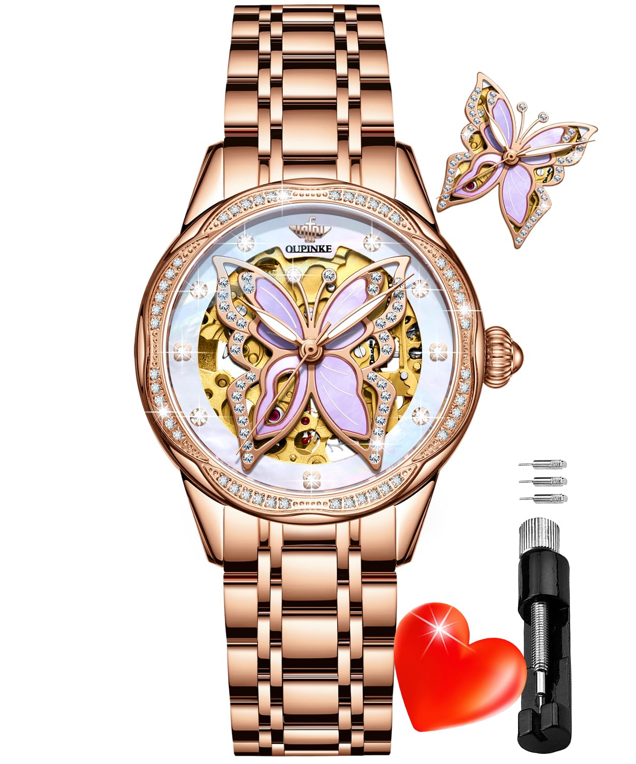 OLEVS Women Watch Set Bling Diamond Rose Gold Elegant Luxury Wristwatches Neckla