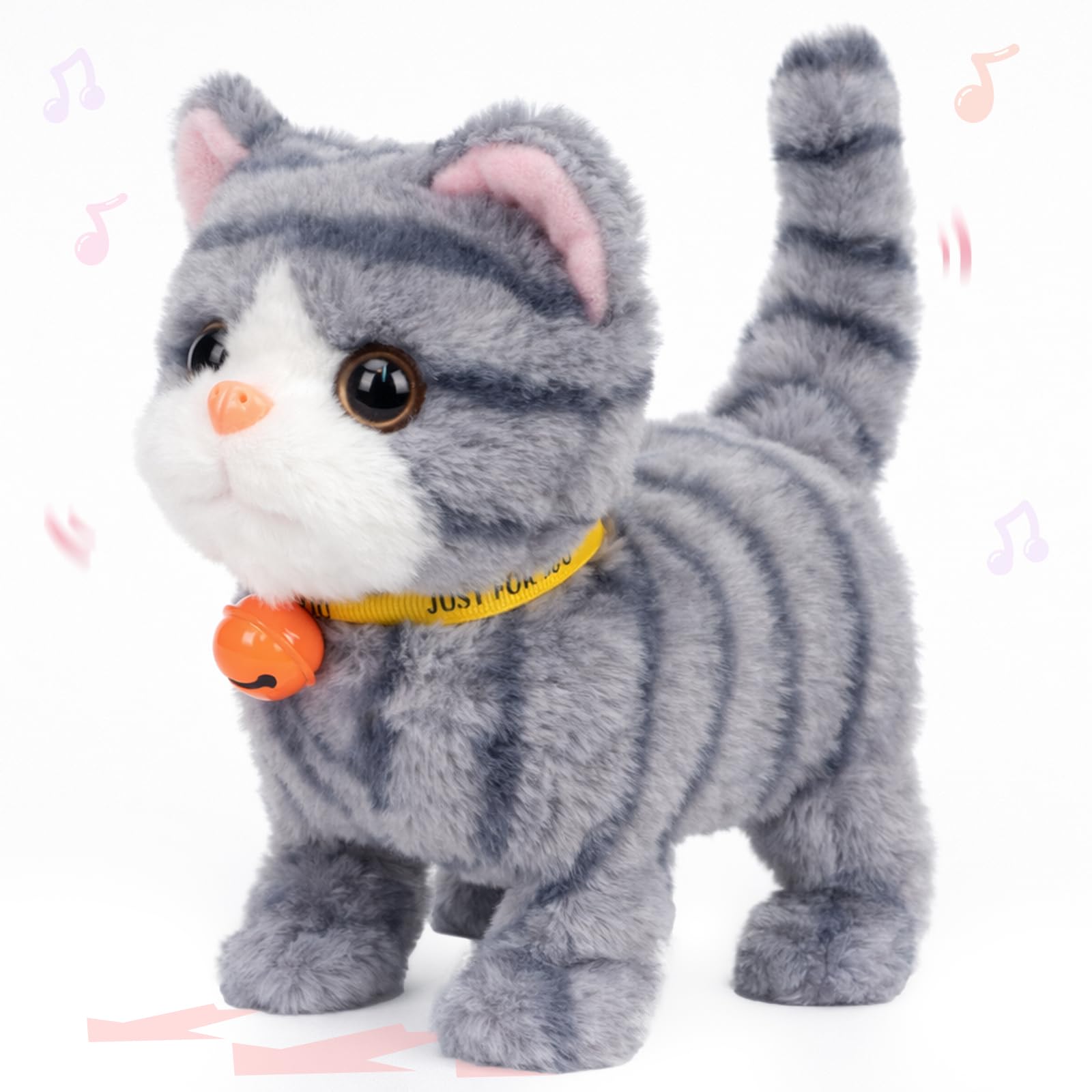 Hopearl Walking Gray Tabby Cat Interactive Electronic Pet Plush Kitty Toy with S