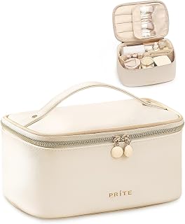 Prite Makeup Bag Toiletry Case for Women with Brush Holder, Beige, Standard | Travel Essentials, Cosmetic Organiser, Multi-Compartments, Detachable Divider, Water-Resistant Faux Leather, Durable Handle