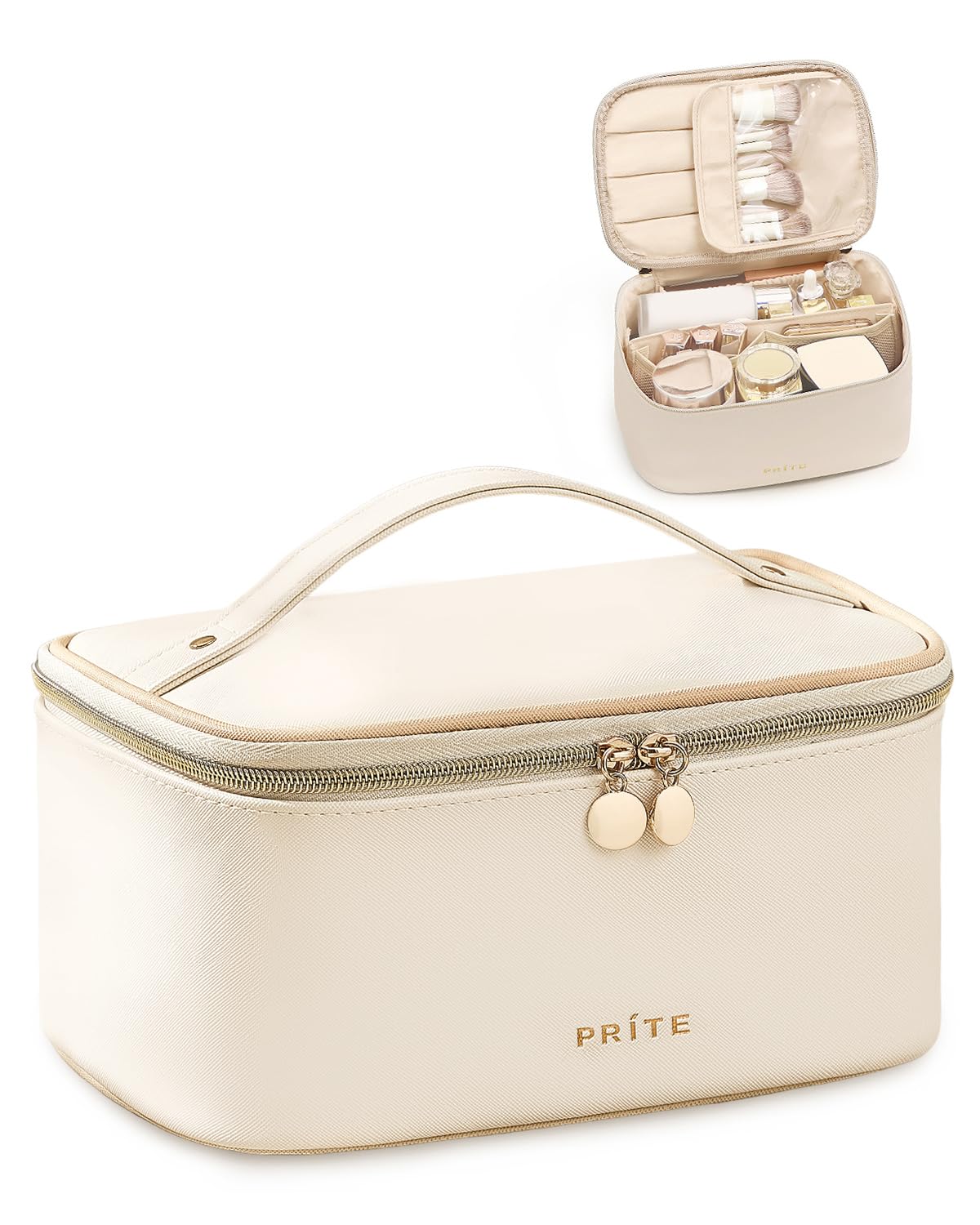 Prite Makeup Bag Toiletry Case for Women with Brush Holder, Beige, Standard | Tr