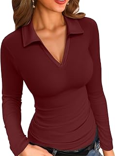 VICHYIE Women's V-Neck Long Sleeve Slim Fit Ribbed Top
