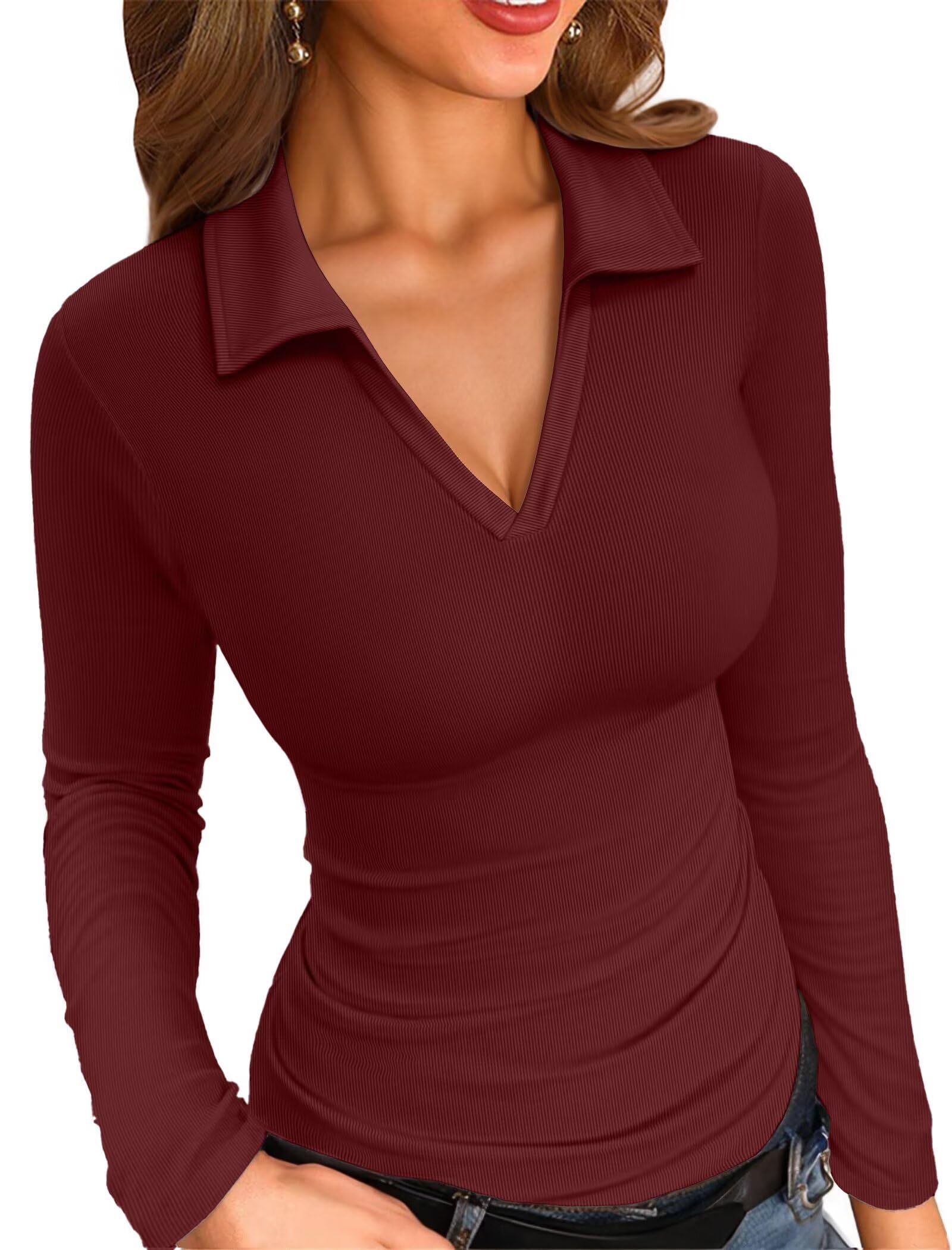 VICHYIE Women's V-Neck Long Sleeve Slim Fit Ribbed Top