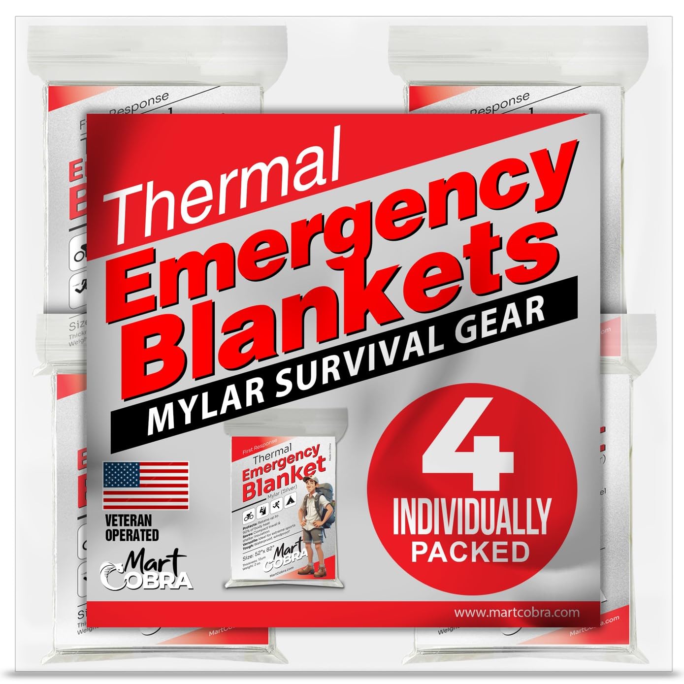 Emergency Blanket Mylar Thermal Space Survival Gear & Supplies 4-Pack Foil | Col