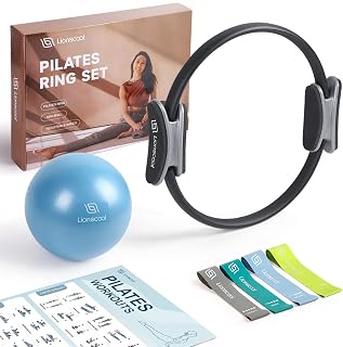 LIONSCOOL Pilates Ring Set, 14" Magic Circle, Mini Ball, Resistance Bands | Guide & Bag, Purple, Blue, Pink, Black, at Home Pilates Kit, Women Home Gym Workout Accessories, Yoga Training Equipment