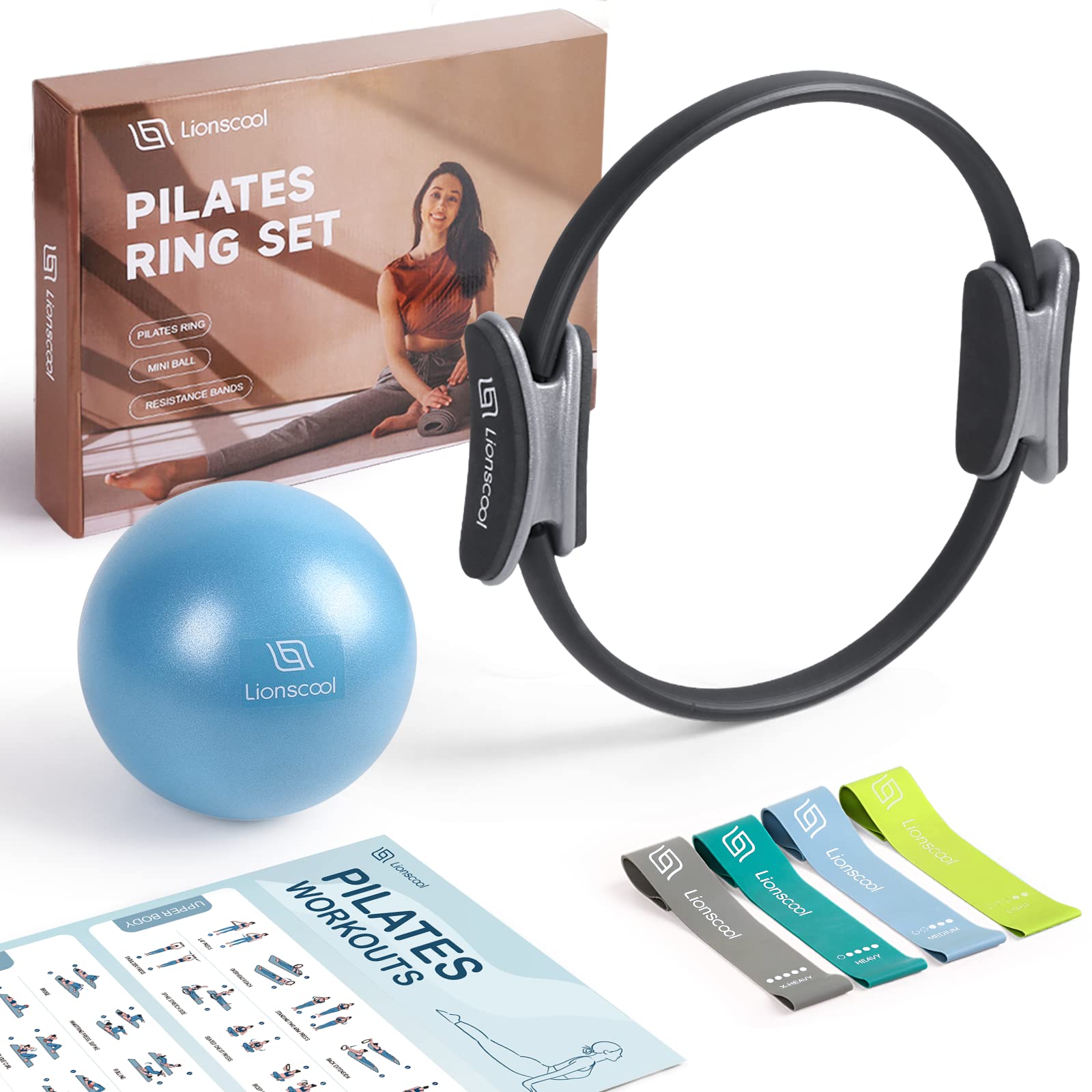 LIONSCOOL Pilates Ring Set, 14" Magic Circle, Mini Ball, Resistance Bands | Guid